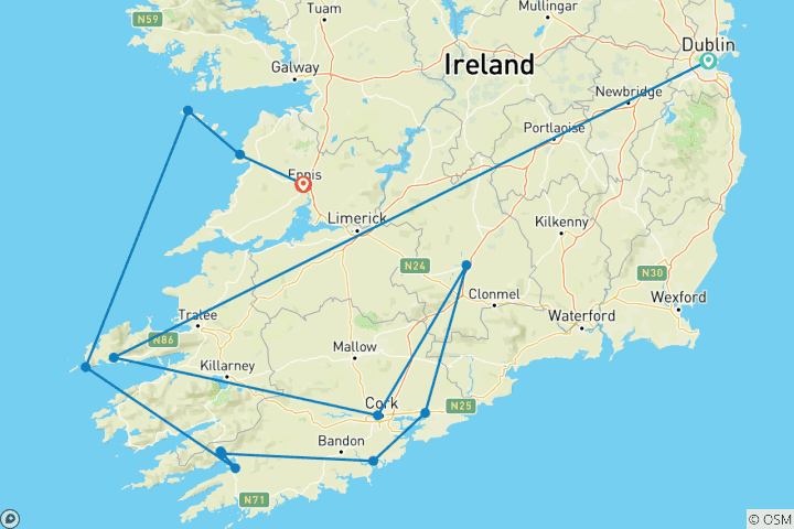 Carte du circuit Campagne de l'île d'émeraude (de Dublin à Ennis) (2026)