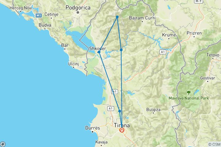 Carte du circuit Circuit de 3 jours dans le nord de l'Albanie : Kruja, Theth, Blue Eye, Shkoder, rivière Shala