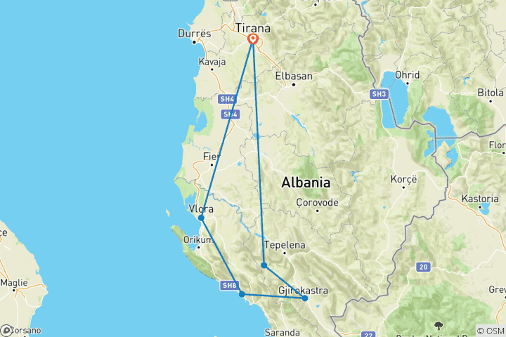 Karte von 3-tägige Südalbanien Tour: Gjirokastra, Blue Eye, Himara, Riviera & Bootstour