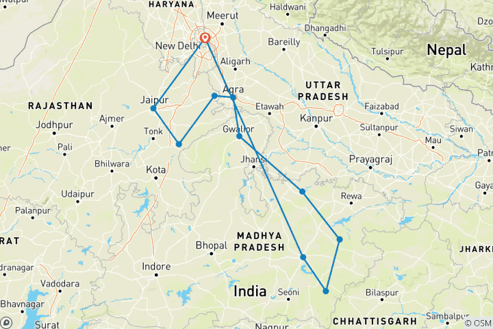 Carte du circuit Rugissement de la nature : expédition en Inde du Nord et centrale pour les tigres