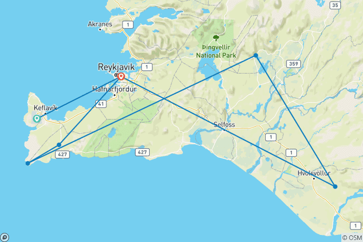 Carte du circuit 7 jours : Eclipse d'Islande Elite : séjour en Islande du Sud et au Blue Lagoon