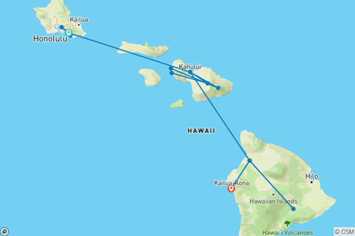 Carte du circuit Hawaï avec Oahu et Maui (Classique, avec la Grande Île, Intra Trip Air Hawaï 2 vols)