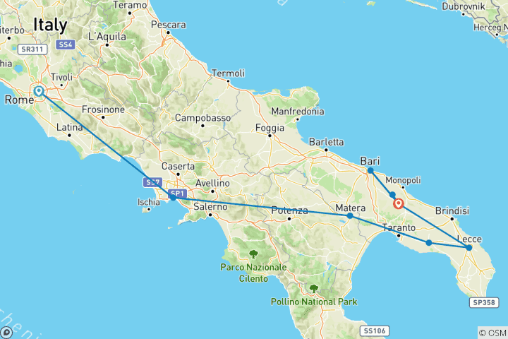 Map of Southern Italy Escape (from Rome to Alberobello)