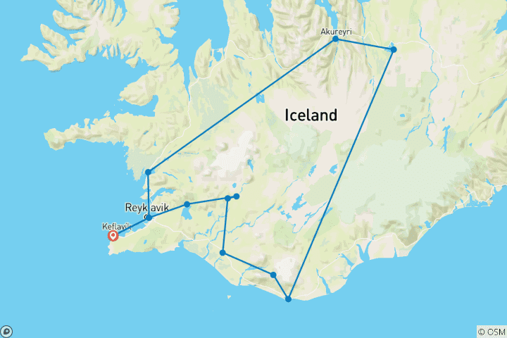 Carte du circuit 8 jours de visite guidée du cercle d'Islande et des aurores boréales