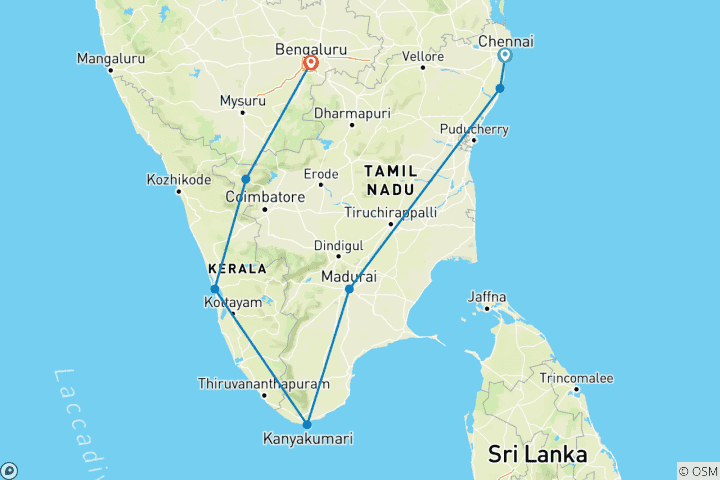 Carte du circuit L'Inde du Sud en train