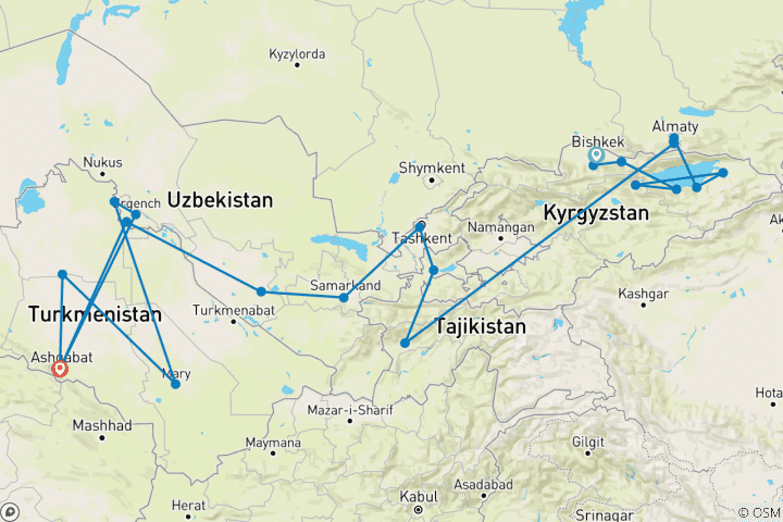 Carte du circuit Voyage en Asie centrale