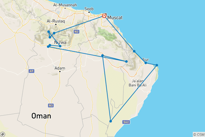 Map of Oman rooftop tent adventure tour