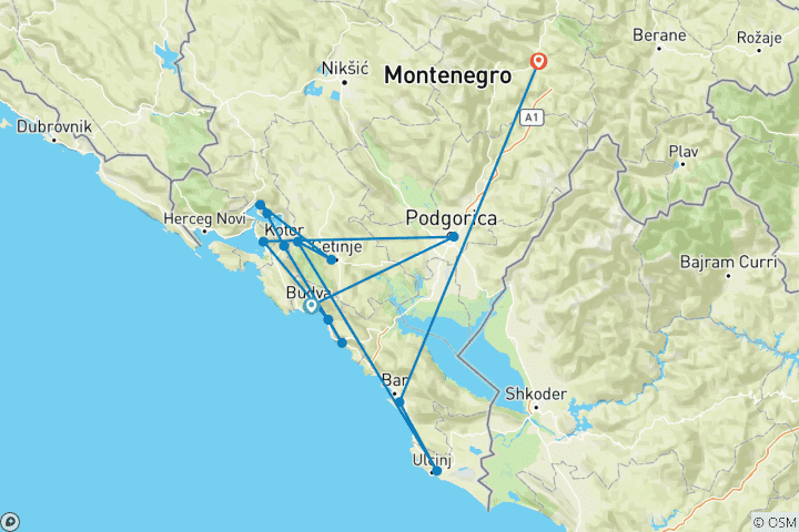 Map of Montenegro Round Trip 8 Days - Wild Beauty