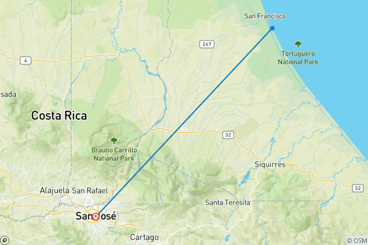 Map of 7-Day Tortuguero Kayaking Trip
