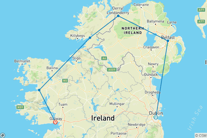 Carte du circuit De Dublin à l'Irlande du Nord et Galway - 5 jours