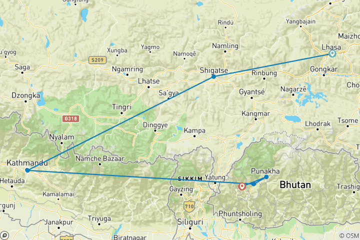 Map of Tibet Bhutan Tour- 12 Days