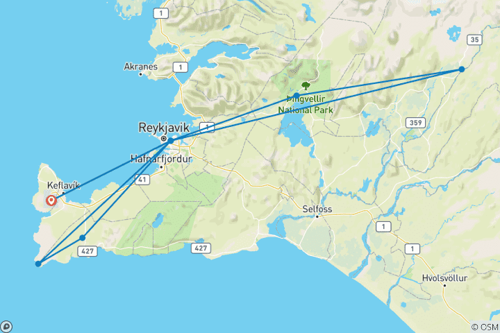 Carte du circuit 5 jours - Festival du Nouvel An et merveilles de l'hiver en Islande