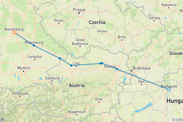 Carte du circuit Découverte du Danube 2025 - 8 jours (from Budapest to Nuremberg)