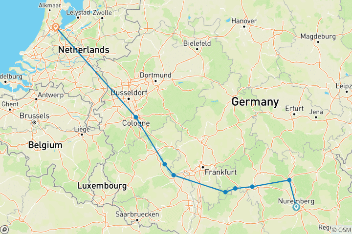 Map of Treasures of the Rhine 2025 - 8 Days (from Nuremberg to Amsterdam)