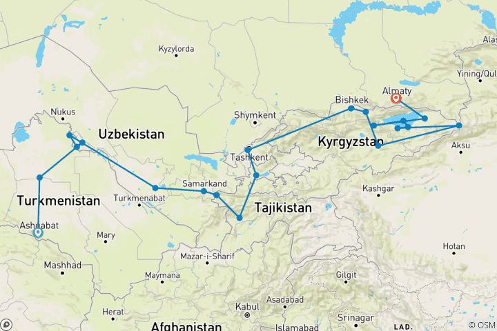 Carte du circuit Odyssée de la route de la soie : The Five Stans Adventure et World Nomad Games 2026 (prix, dates et itinéraire à confirmer).