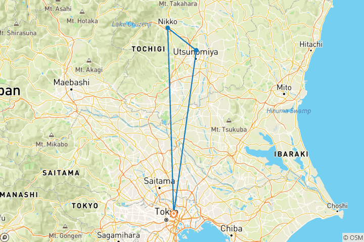Carte du circuit 2 jours à Nikko et Kinugawa : voyage dans le patrimoine et la culture