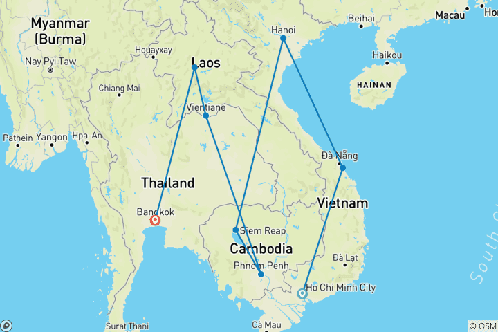 Carte du circuit 24 jours d'expérience culturelle sur mesure au Vietnam, au Cambodge, au Laos et en Thaïlande - Expérience en Asie du Sud-Est