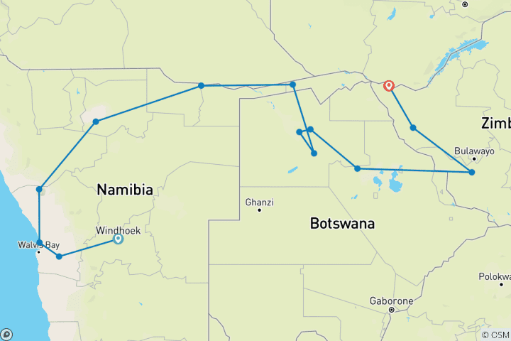 Carte du circuit Namibie, Botswana et Zimbabwe "Des dunes aux chutes".