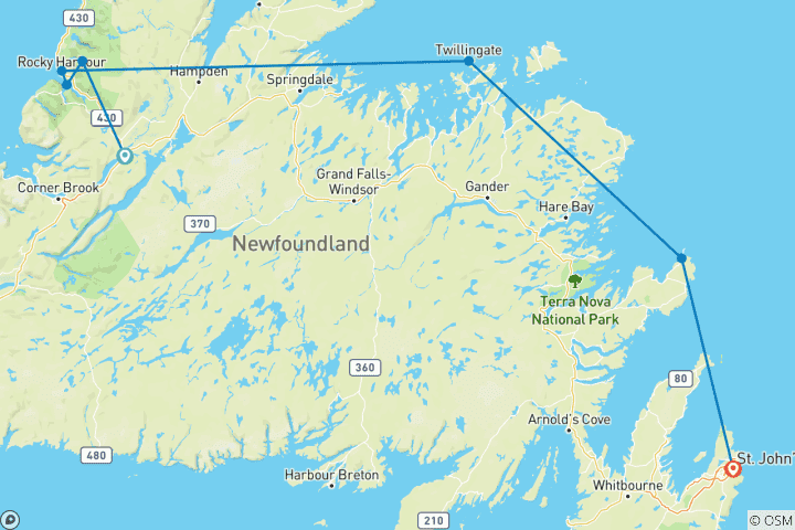 Map of Newfoundland Adventure: From Deer Lake to Saint Johns