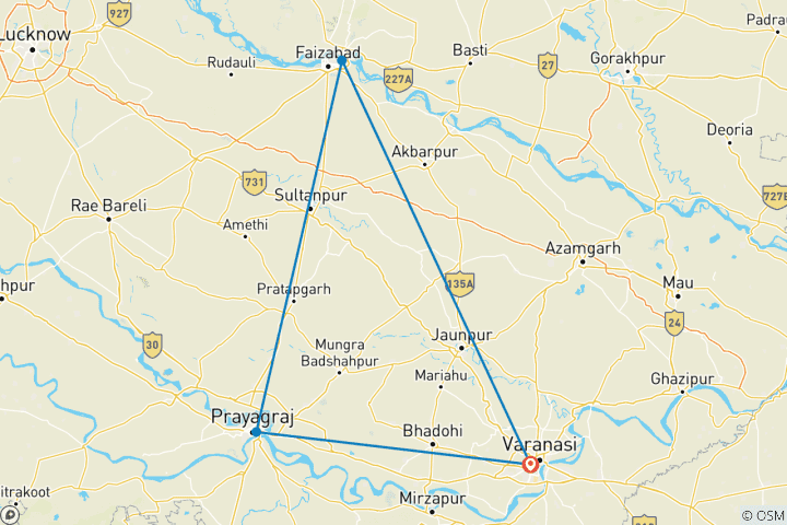 Map of 5-Day Guided Tour to Varanasi, Ayodhya, and Prayagraj
