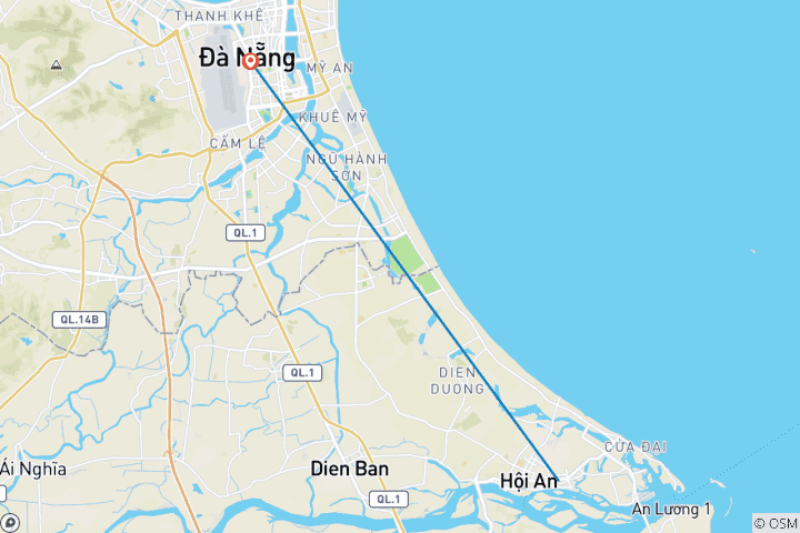 Carte du circuit Visite privée d'une journée des collines de Ba Na au départ de Hoi An avec arrêt au pont d'or et à la plage de My Khe