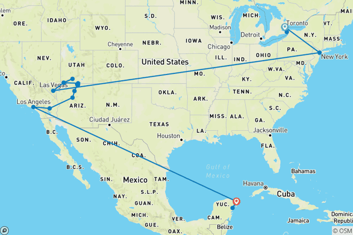 Carte du circuit Tout autour de l'Amérique : les chutes du Canada, les routes des États-Unis, Mexico Magic