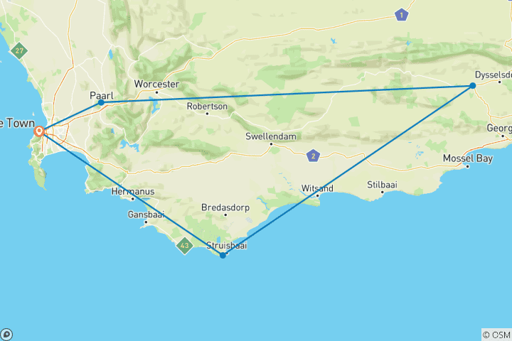 Carte du circuit Circuit de 3 jours au Cap Agulhas, Safari et Winelands