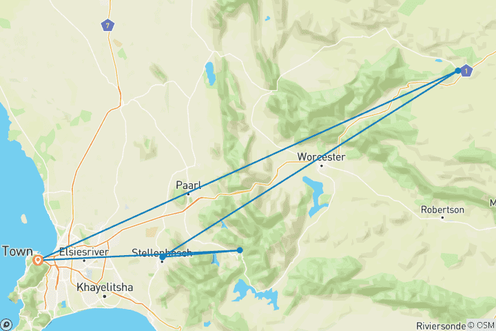 Carte du circuit Safari de 3 jours au Cap et escapade dans les vignobles