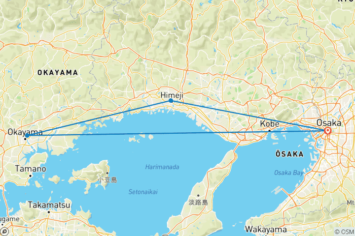 Carte du circuit 3 jours à Himeji, Kurashiki, Shodoshima et Okayama : un voyage culturel dans l'ouest du Japon