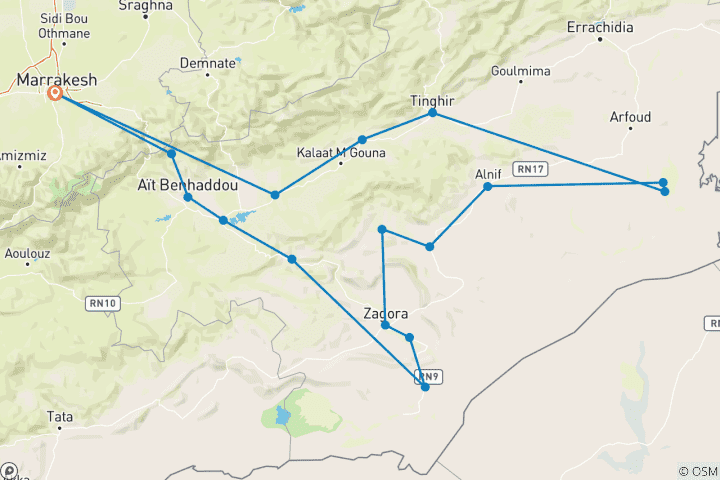 Mapa de Marrakech a Merzouga y Experiencia en el Desierto de Zagora en 6 Días Tour Privado