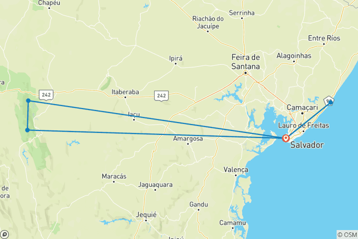 Carte du circuit 7 jours d'exploration de Salvador da Bahia, Lencois, Chapada Diamantina, Praia do Forte
