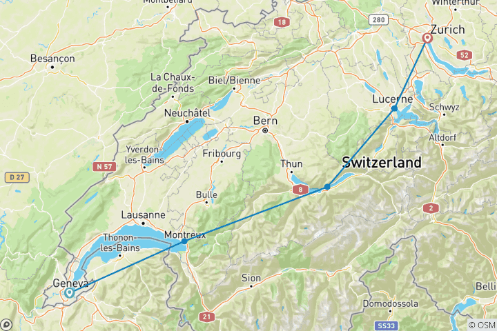 Map of Up to 25% off - Mega Sale - Switzerland in 9 days (Covering Geneva, Zurich, Montreux, Interlaken and Lucerne)