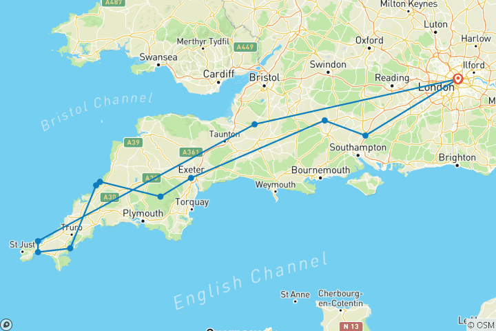Map of Devon & Cornwall Small Group from London - 5 Days