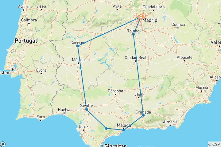 Carte du circuit Espagne - Voyage en Andalousie et à Tolède - 5 jours