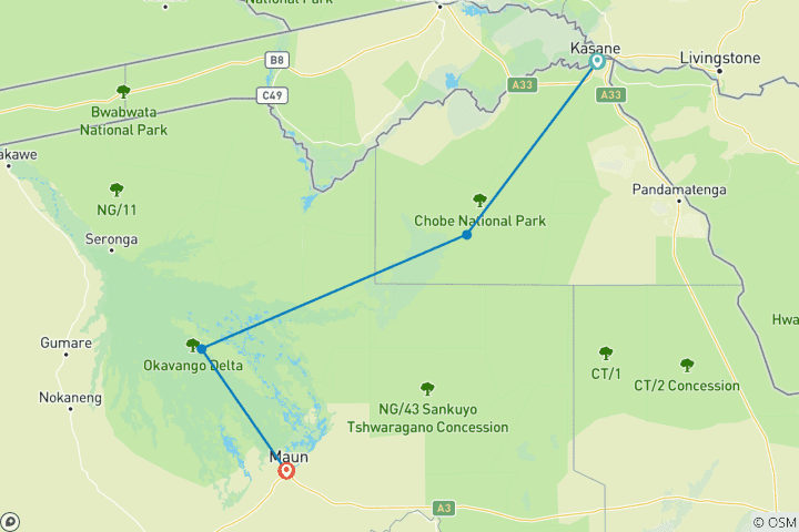 Carte du circuit Safari de 3 jours dans le parc de Chobe et le delta de l'Okavango