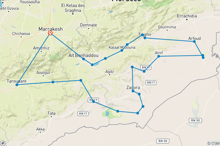 Carte du circuit Expédition de 6 jours dans le désert marocain - Circuit privé