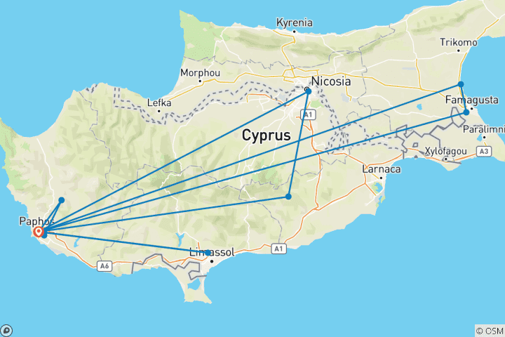 Carte du circuit 8 jours à Chypre : Une tapisserie d'histoire, de mythes et de vie méditerranéenne (arrivée le lundi)