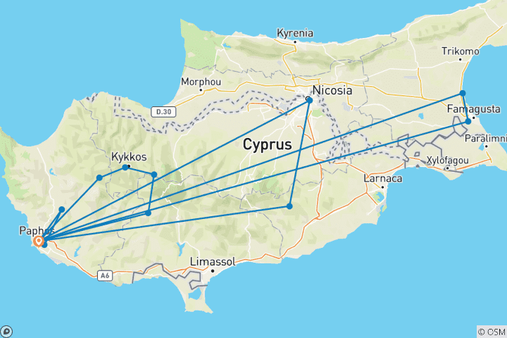 Carte du circuit 8 jours à Chypre : Une tapisserie d'histoire, de mythes et de vie méditerranéenne (arrivée le lundi)
