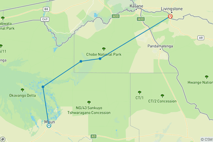 Carte du circuit Hors d'Afrique : Safari romantique dans l'Okavango, à Savuti et aux chutes Victoria (10 jours / 9 nuits)