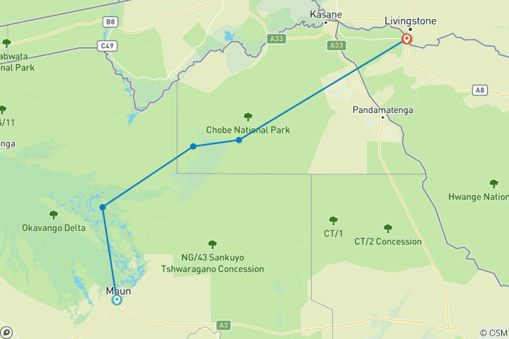 Carte du circuit Hors d'Afrique : Un safari romantique dans l'Okavango, à Savuti et aux chutes Victoria