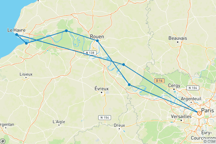 Carte du circuit Paris et Normandie (croisière viticole) 2027