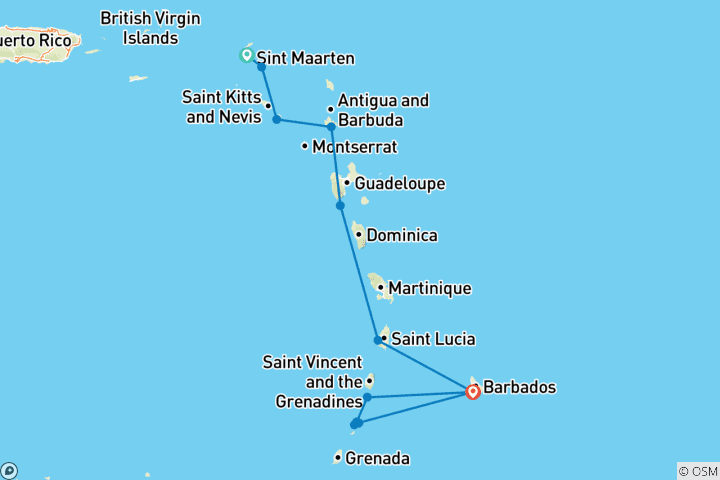Kaart van Ontdek Oost-Caribisch gebied & Grenadines 2027 - 15 Dagen (12 bestemmingen)