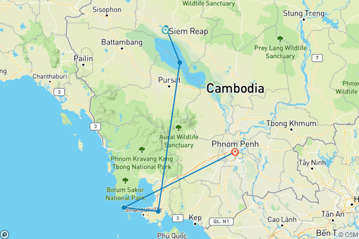 Kaart van 9 daagse Cambodja rondreis: Siem Reap, Koh Rong eiland en Phnom Penh