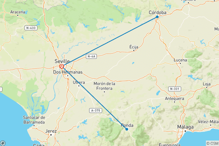 Carte du circuit 6 jours à Séville : avec des excursions d'une journée à Ronda, Cordoue et l'Alhambra