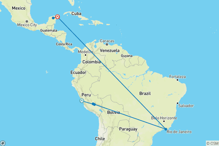 Carte du circuit Escapade de 13 jours en Amérique du Sud et dans les Caraïbes : Lima, Cusco, Rio de Janeiro et Cancún