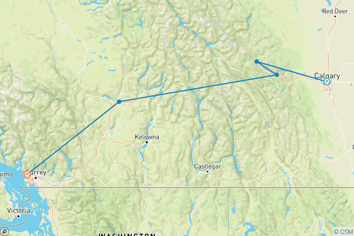 Map of Canadian Rockies featuring Rocky Mountaineer Westbound (Calgary, AB to Vancouver, BC) (2026)