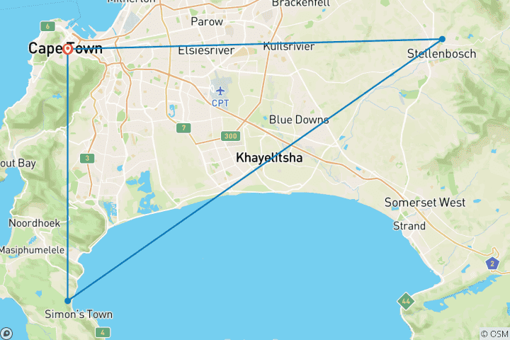 Kaart van 3-Daagse boottocht Kaapstad, Kaap Schiereiland & Wijnlanden