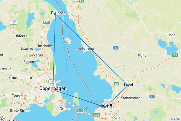 Carte du circuit 6 jours à Copenhague : Excursions d'une journée à Helsingør, Lund et Malmö, et visites guidées Hop-On Hop-Off