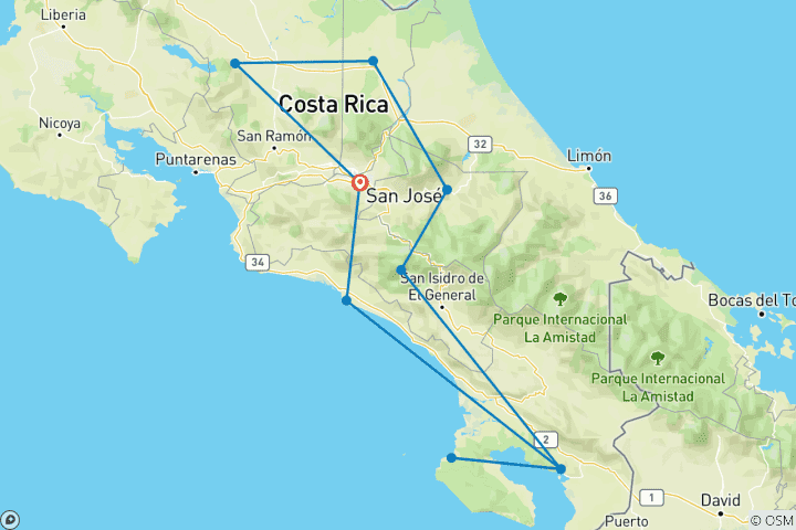 Carte du circuit Pura Vida - Le Costa Rica à fleur de peau (voyage privé) (10 destinations)