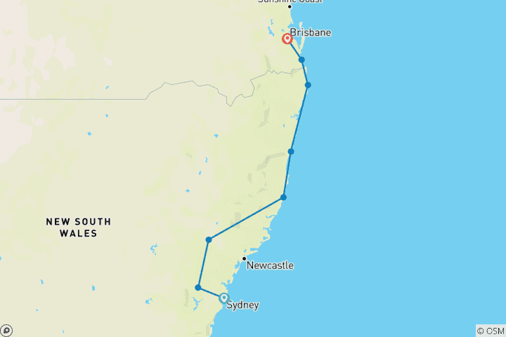 Carte du circuit Sydney à Brisbane : 8 jours d'excursion KOALA SELECT (en chambre double ou individuelle)
